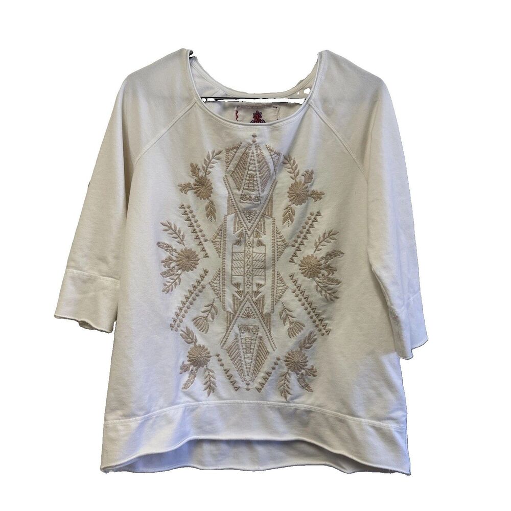 Johnny Was Los Angeles embroidered Floral Sweatshirt M rolled Edges Ivory